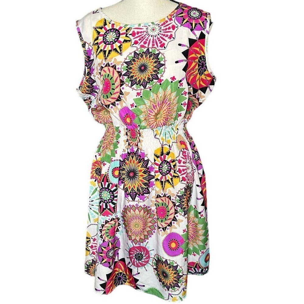 Pakula Geometric Silky Casual Dress Sz XL Y2K Boho Retro Style